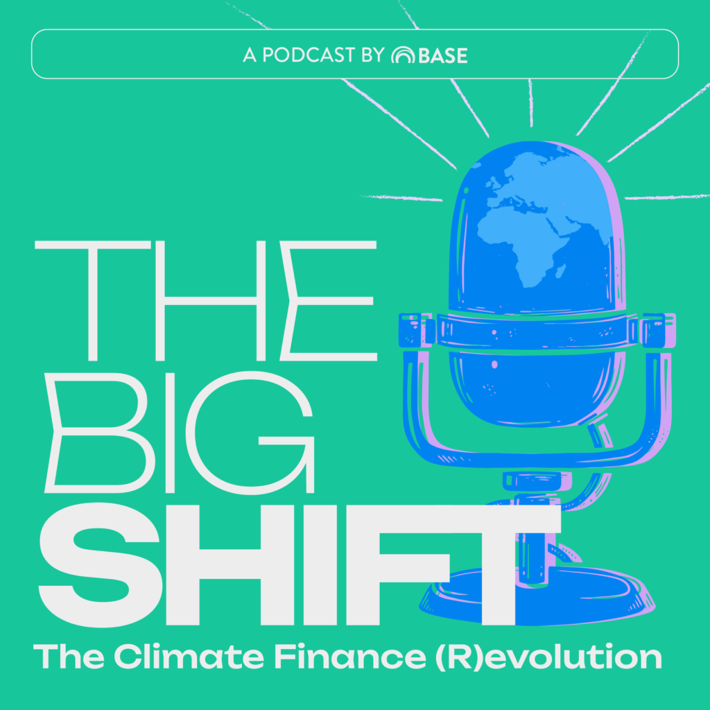 BASE Podcast The Big Shift Cover with microphone illustration and text blocks with name of the podcast and episode